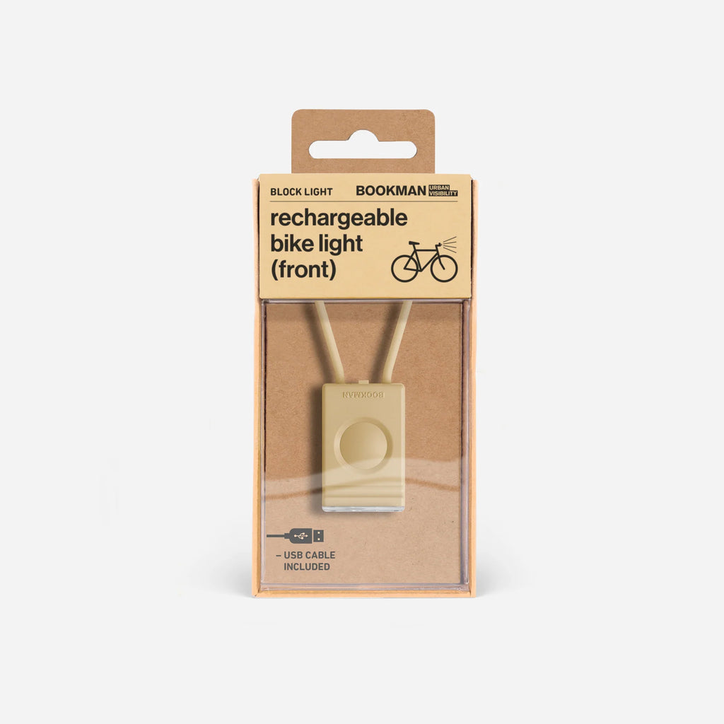 alt="Lampe avant vélo beige rechargeable USB - packaging"


